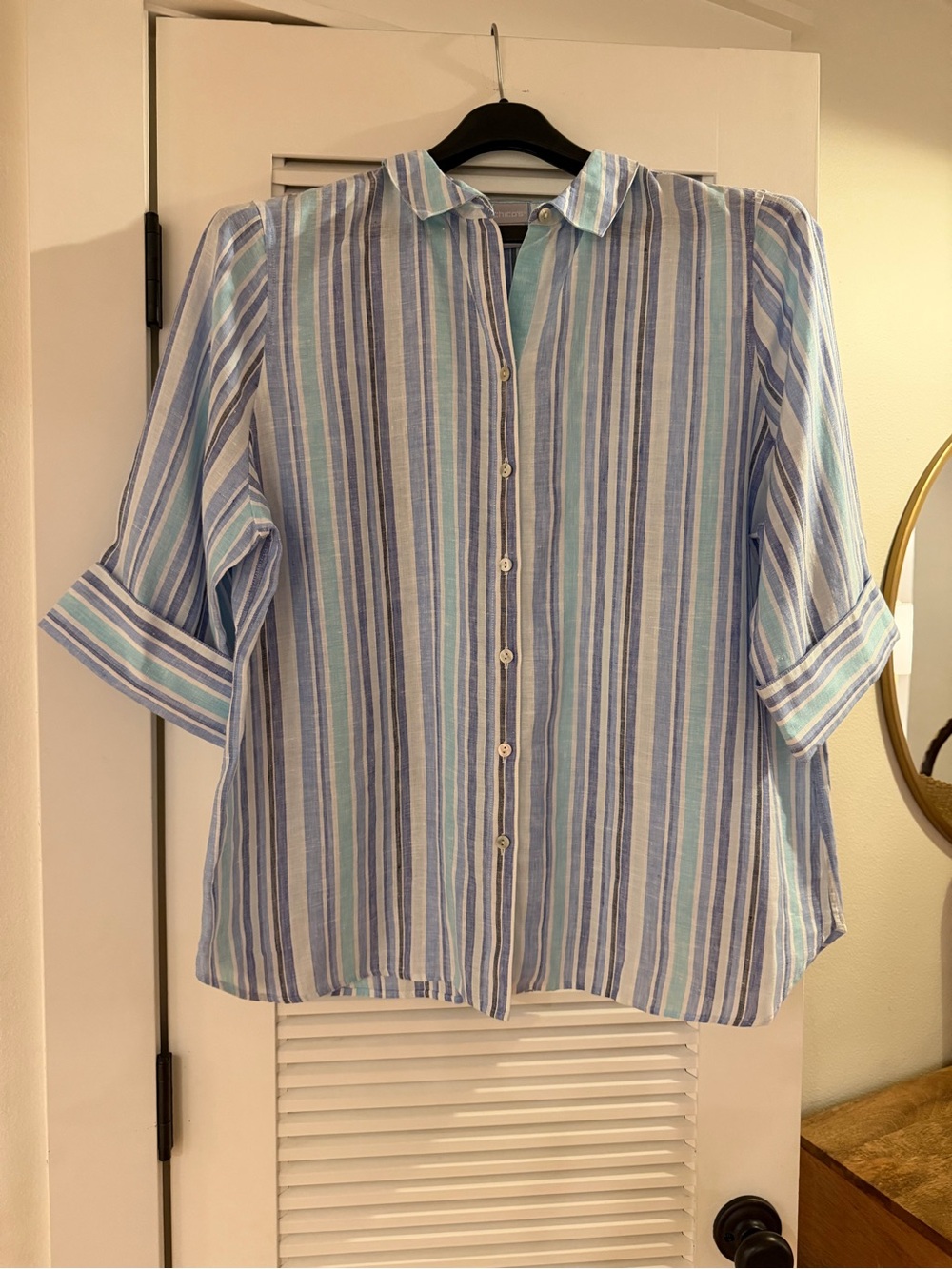 Chico's Blue and White Striped Button-Up Blouse
